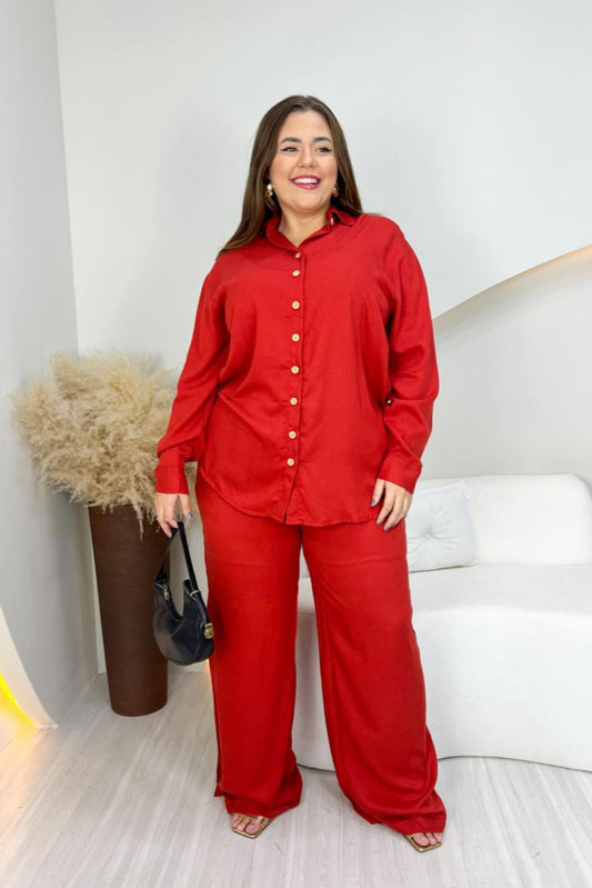 Calça pantalona de viscose sarjada com elástico na cintura