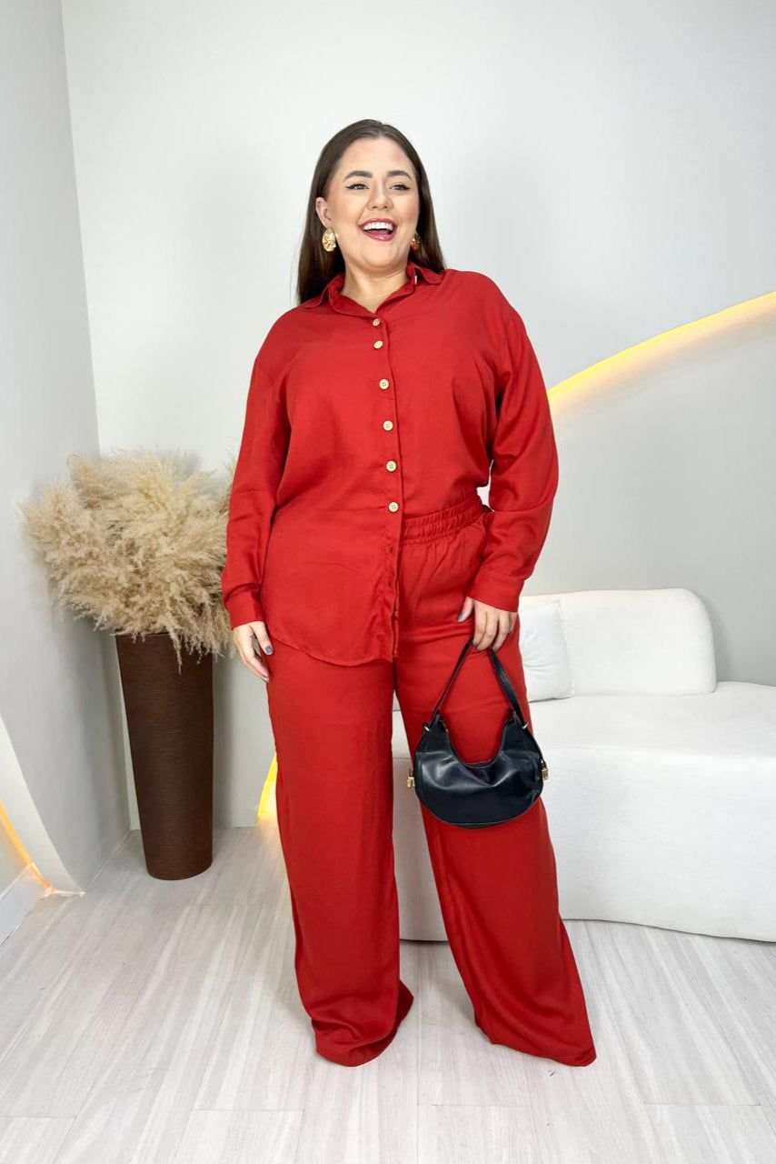 Calça pantalona de viscose sarjada com elástico na cintura