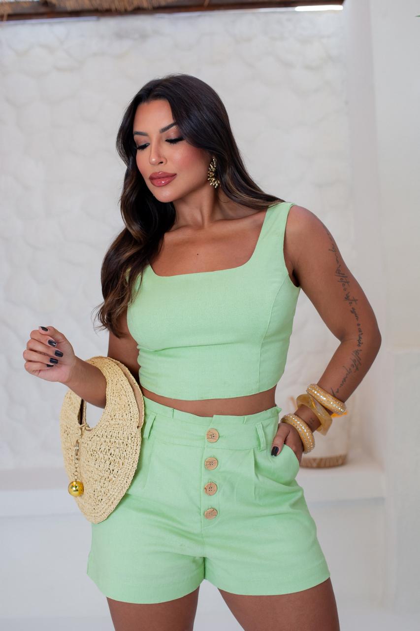 Conjunto de linho cropped com lastex nas costas
