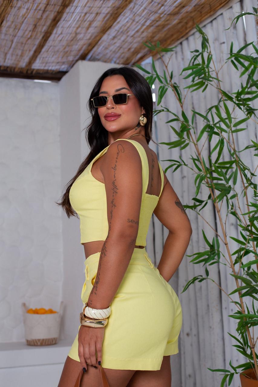Conjunto de linho cropped com lastex nas costas