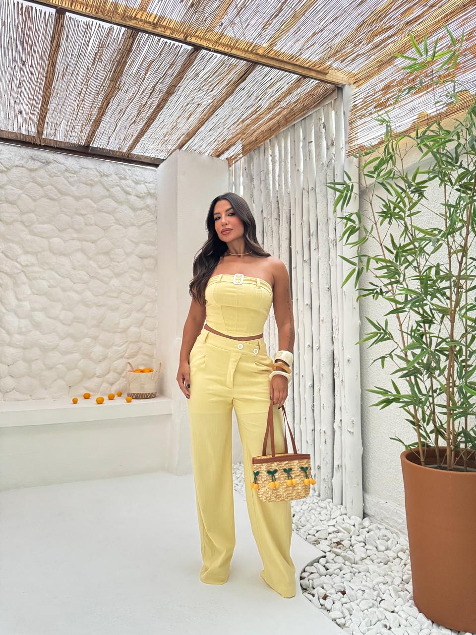 Conjunto de viscose slub , calça com cos  transpassado