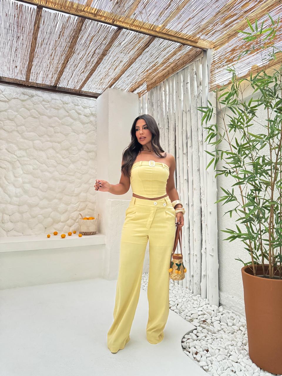 Conjunto de viscose slub , calça com cos  transpassado