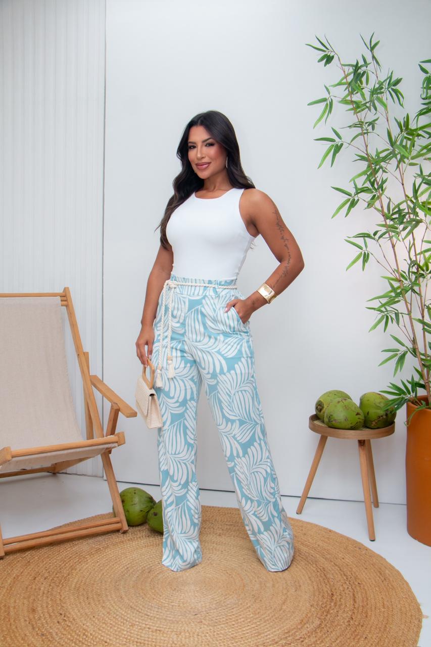Calça pantalona de viscose estampada