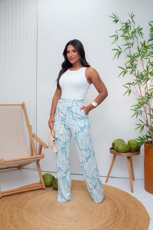 Calça pantalona de viscose estampada