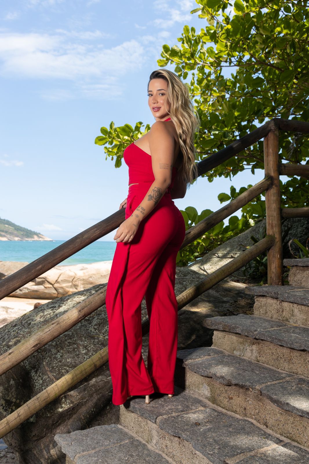 Conjunto em viscose slub com cropped frente única