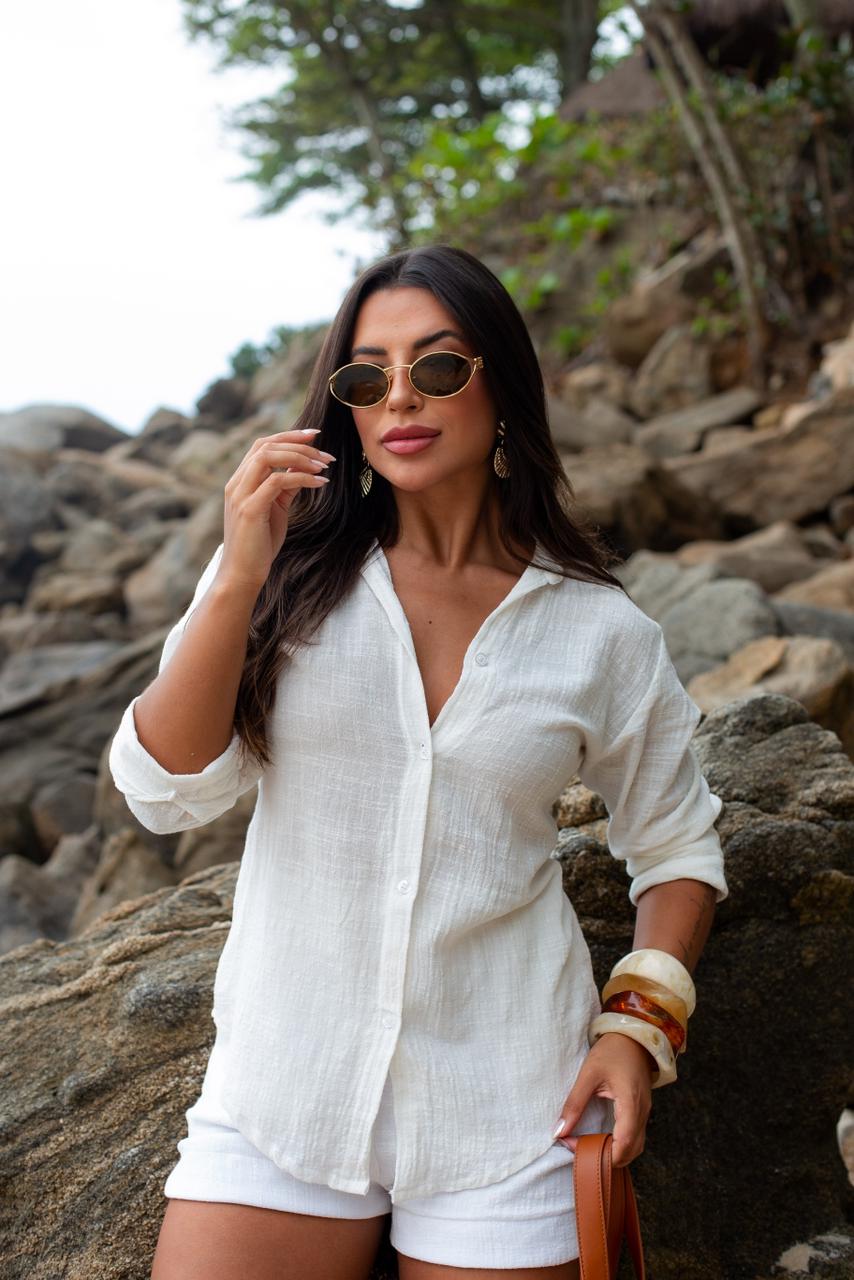 Conjunto de algodão rústico camisa social com botões e short